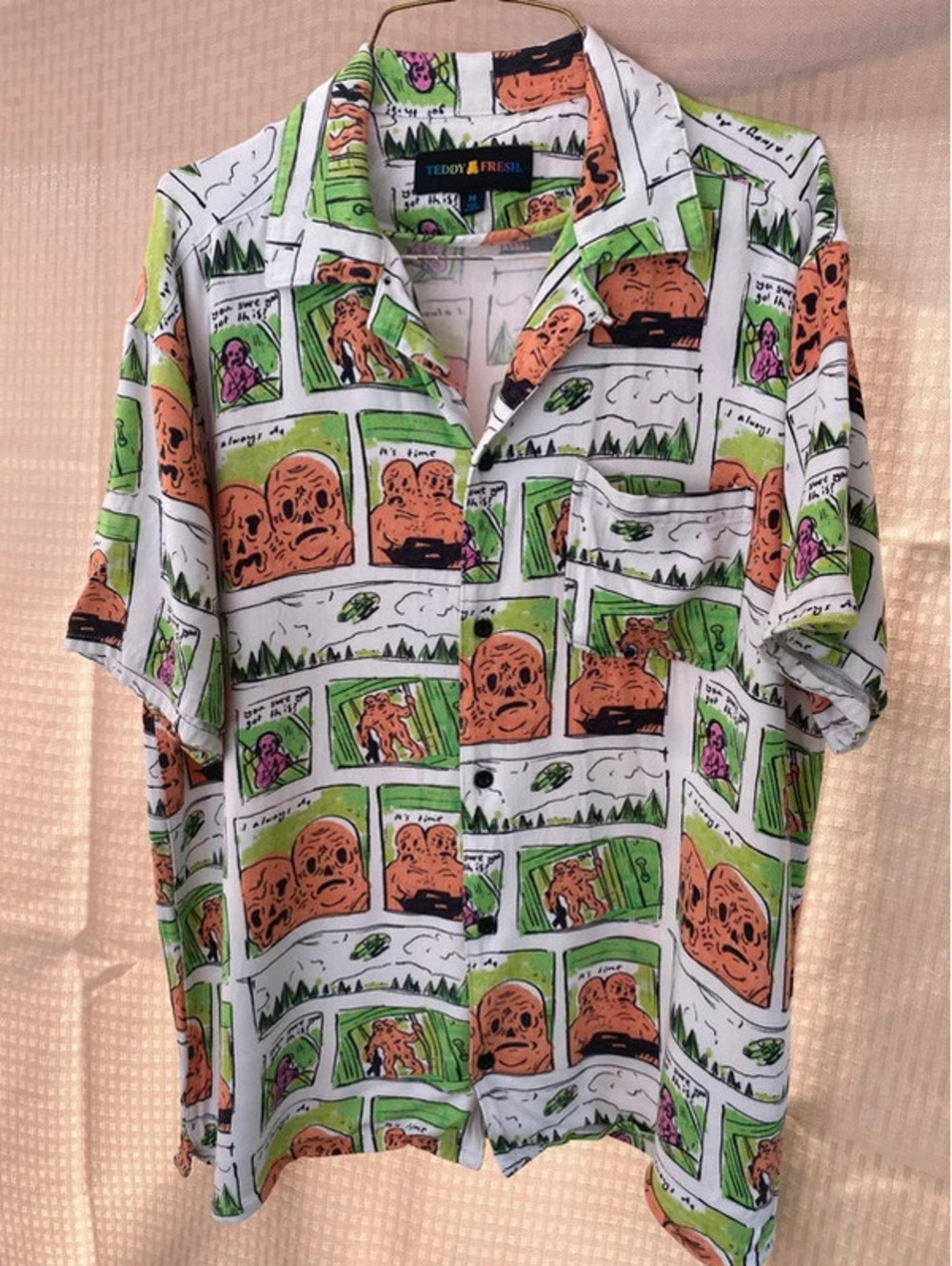 Teddy Fresh Art Club Loudmouth Men's M Comic Print Shirt Green Orange Halloween